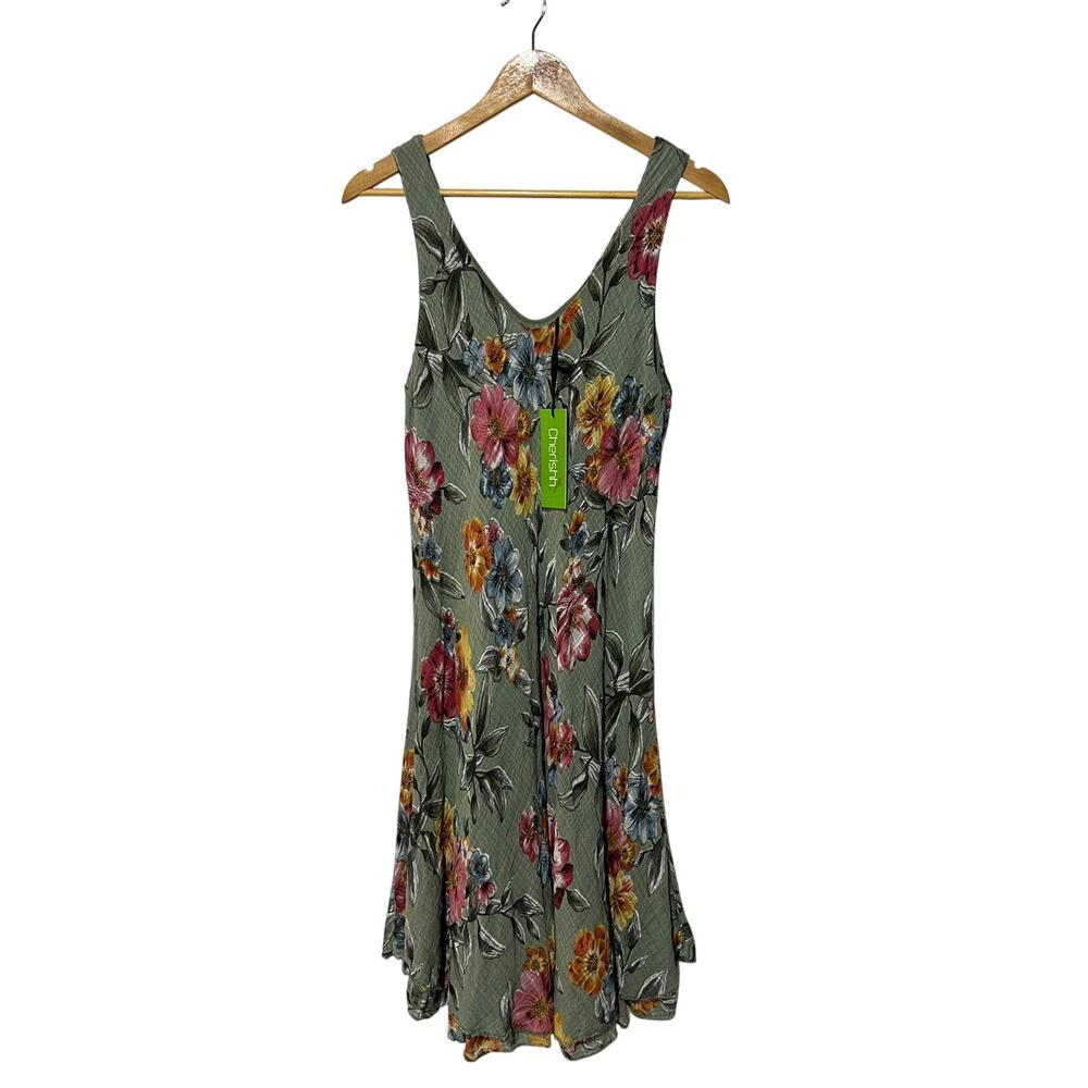 Cherishh Womens Small Floral Ruffle Hem Midi Sundress Made in Italy Khaki Green
